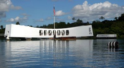 Approaching the USS Arizona Memorial in Pearl Harbor, Hawaii