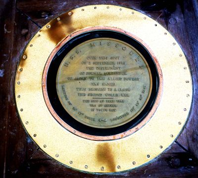 Plaque marking the spot where the Formal Surrender of Japan in WWII took place on the USS Missouri