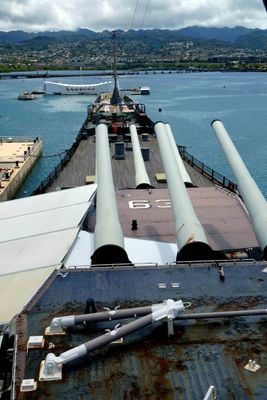 View of USS Arizona Memorial from the bridge of the USS Missouri