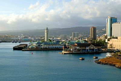 View of Aloha Tower and Honolulu from our balcony on the NCL Pride of America