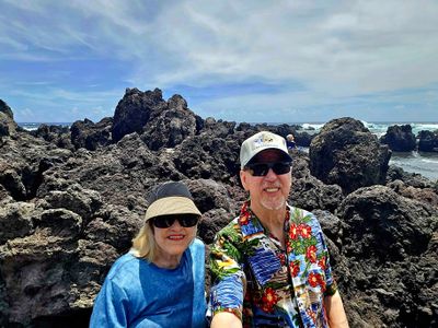 Black lava rocks cover most of the shoreline at Laupahoehoe Point Beach Park