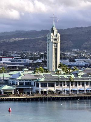 Aloha Tower (1926) is a retired lighthouse at Pier 9 of Honolulu Harbor