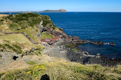 Looking down Sinyang Beach from Seongsan Ilchulbong, Jeju Island
