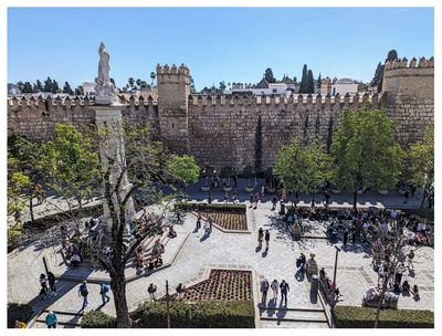 Seville Cathedral rooftop tour: View of Plaza del Triunfo, The Royal Alczar, and Immaculate Conception Monument