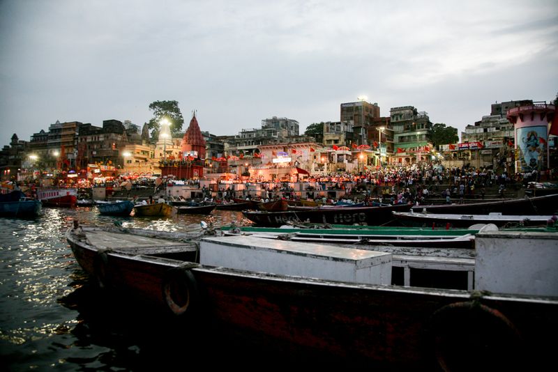 Boats gathering for Ganga Aarti, Varanasi, India