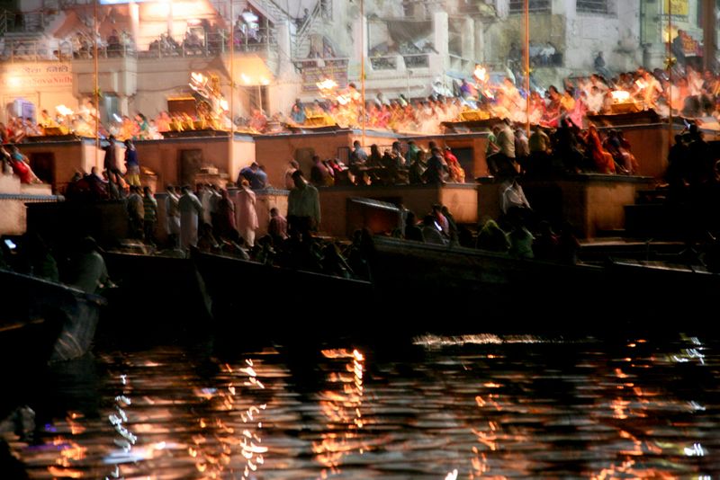 Impression of Ganga Aarti, from the Ganges, Varanasi, India