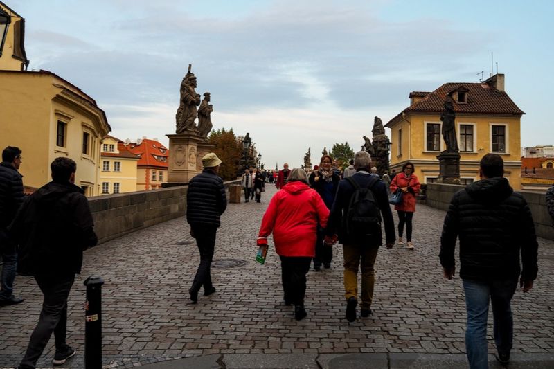 Walking Over Charles Bridge, Prague, Czechia