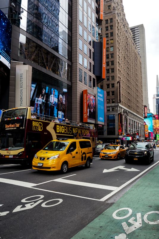 Big Bus, Taxis and Markings, New York City, USA