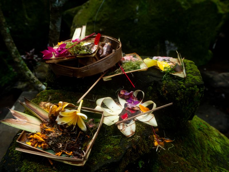 Offerings at Goa Gajar, Gianyar, Bali, IndonesiaBali, Indonesia