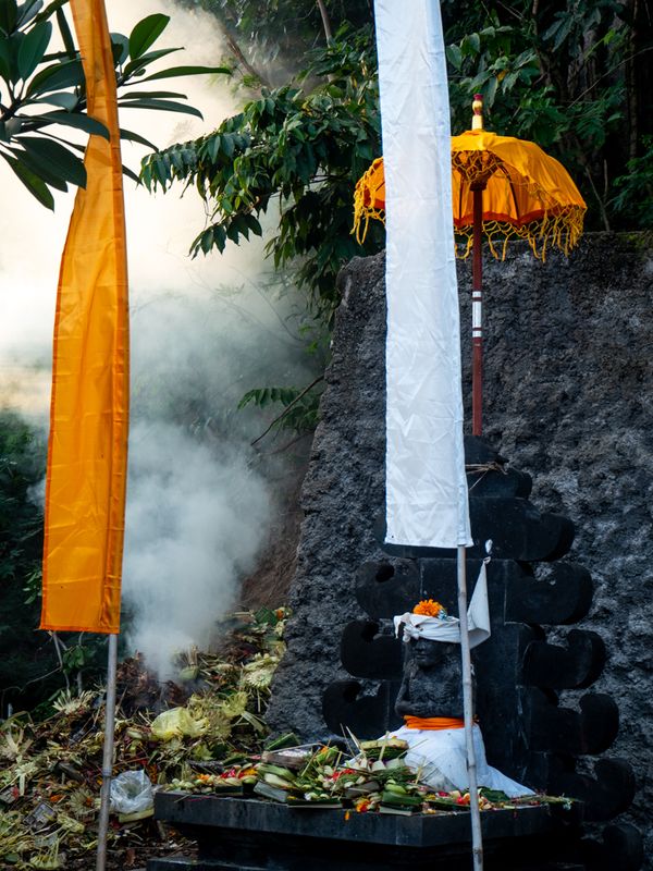 Offerings Between the Orange and White, Bali, Indonesia