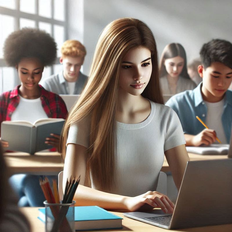Mädchen, das einen Kurs am Computer studiert