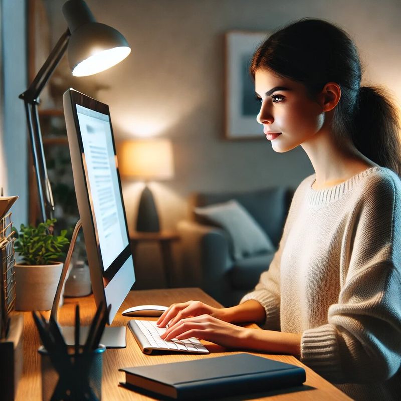 Junge Frau, die einen Online-Kurs in modernem Umfeld macht