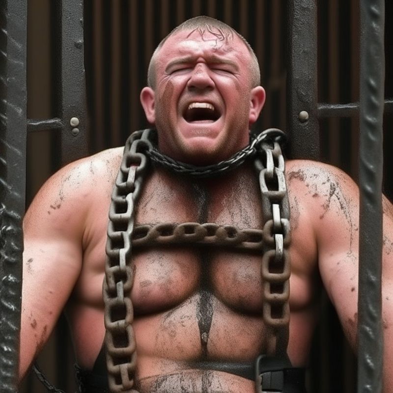 strong muscleman in chains tiedup