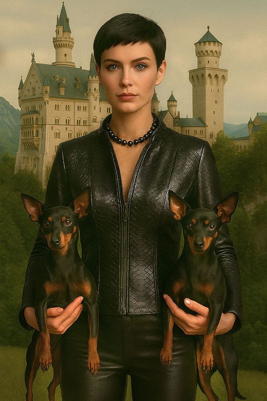 She stands in a high fashion with Toy Manchester Terriers near the Neuschwanstein Castle in Germany 
