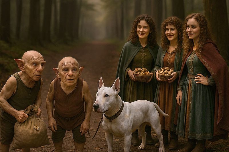 Along their way through the forest, Snorkel, Jiff and their dog Bully meet 3 hobit women hunting for mushrooms