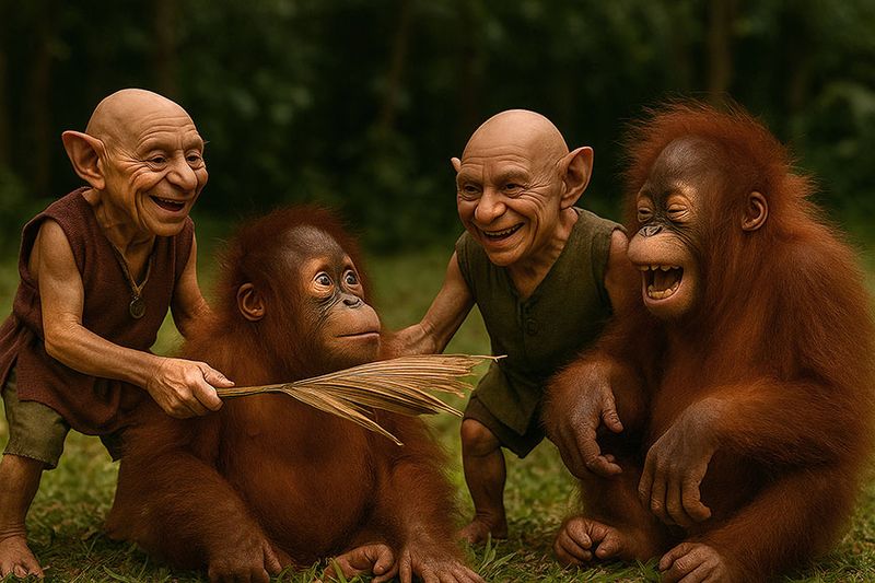 Snorkel and Jiff meet baby orangutans 