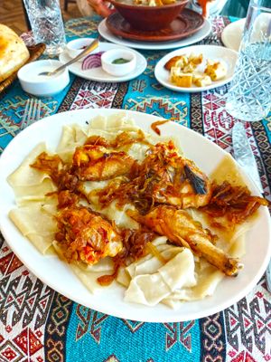 Chicken Khinkaly with Caramelised Onions