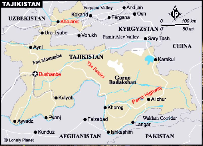 Tajikistan map with the star indicating Dushanbe.