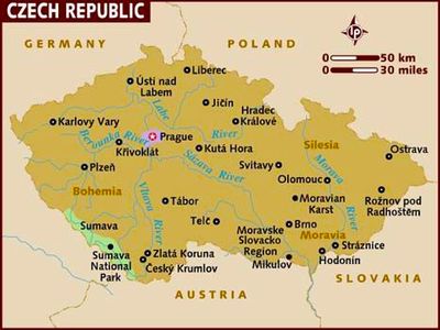 Map of Czech Republic with the star indicating Prague.