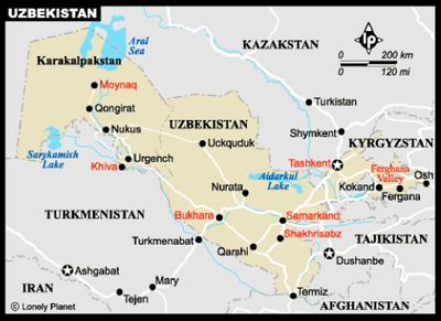 Map of Uzbekistan with the star indicating Tashkent.