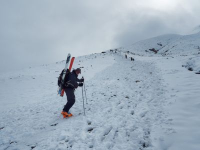 Hiking is skiboots on thinly covered scree