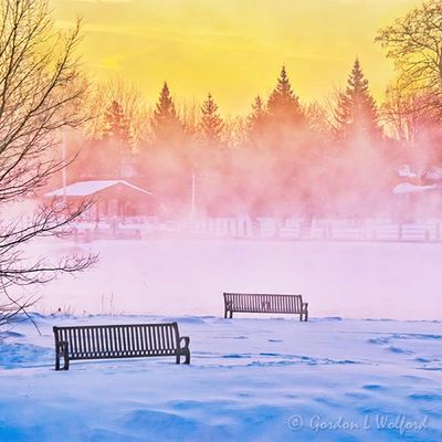 Steam Fog Beyond Turtle Island Benches At Sunrise 90D54415