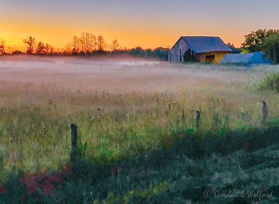 Old Barn Beyond Dawn Ground Fog (iPhone14-1446)