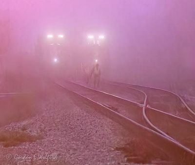 Two Eastbound Freight Trains In Fog 90D121000