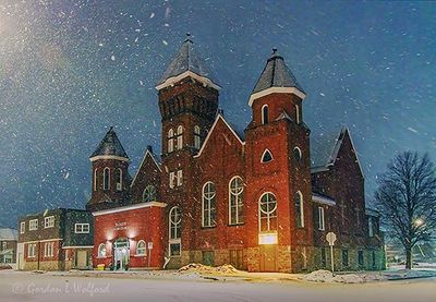 Trinity United Church In Snow Shower At Night 90D135051-5