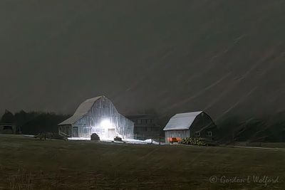 Two Barns In Night Spring Snowstorm 90D147638