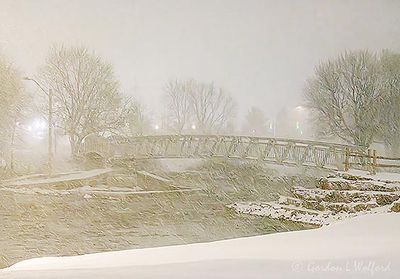 Duck Island Footbridge In Snowstorm At Night 90D148331