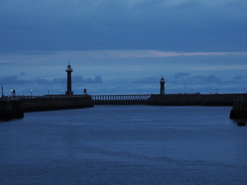 Whitby harbour lighthouses - blue hour