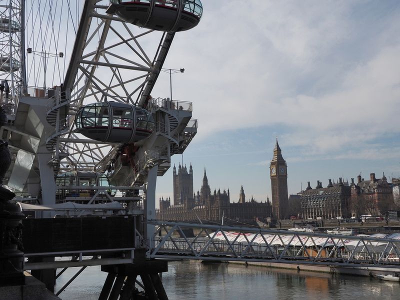 The London Eye ferris wheel with the Palace of Westminster