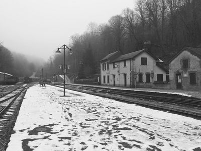 Fond-de-Gras station on a forlorn and dreary day BW