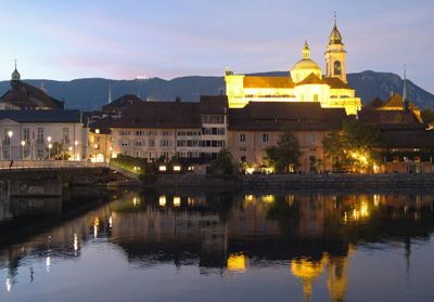 Solothurn as night is closing in with Cathedral of St Ursus