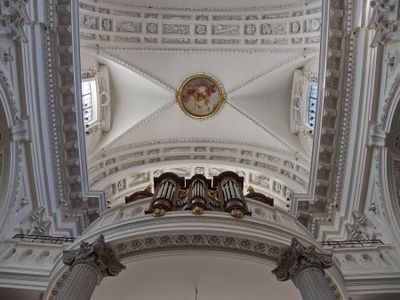 St Ursen - looking up to the organ pipes at the west entrance