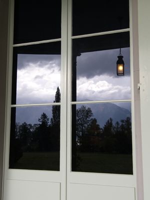 Murky weather reflected in Chaplin's window