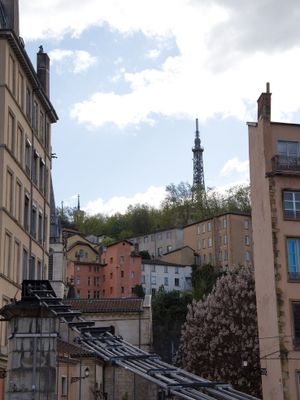 View from pedestrian suspension bridge towards Vieux Lyon and Tour mtallique