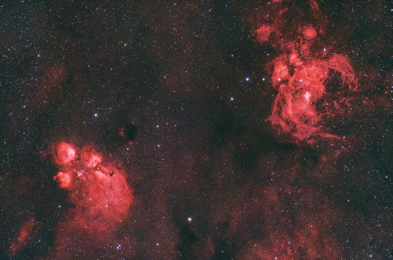 Lobster nebula NGC 6357, Cats Paw nebula NGC 6334