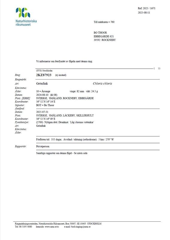 Katalog - Återfynd av fåglar ringmärkta i Ebbegärde