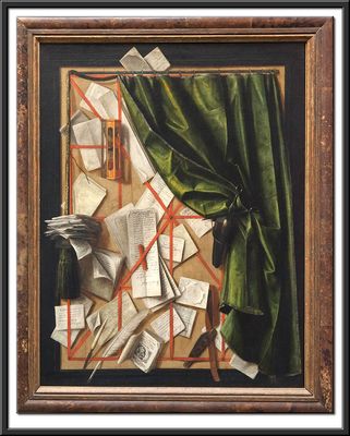 Trompe-l'oeil: Letter Rack with an Hourglass, Razor and Scissors. c. 1664