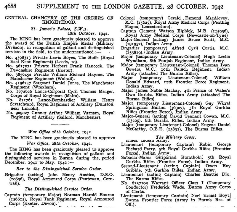 Capt Noel Ernest Boyt,  MC Medal Oct 28 1942