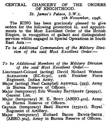 Major N E Boyt, Honor of MBE by King George VI Nov 7 1946