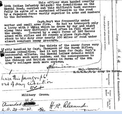 Boyt Noel Ernest Military Cross draft citation Oct 28 1942 Burma