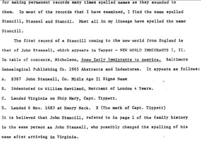 Stancell Stancil Family History 1981