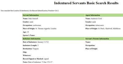 Stancil Stansell John Indentured Servant 1722 5 years VA
