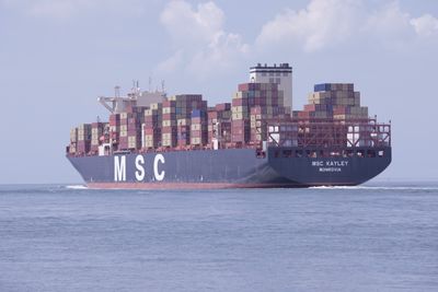 Impressive  stern view of the MSC Kayley seen at Terneuzen bound for Gdansk. (10/7/2025)