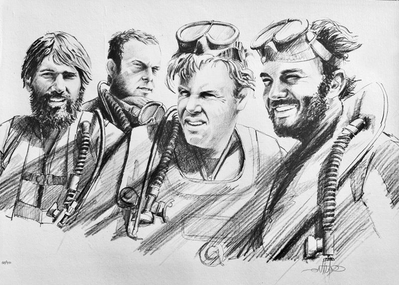 4 stars of the Dunraven discovery film, L-R Howard, Shlomo Cohen, Yohanan Spier and Yossi Kivshani 1978