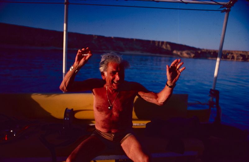 Maestro Leonard Bernstein conducts after his dive on our dive boat Tom 1981