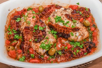 Cod with Tomatoes, Olives and Pancetta
